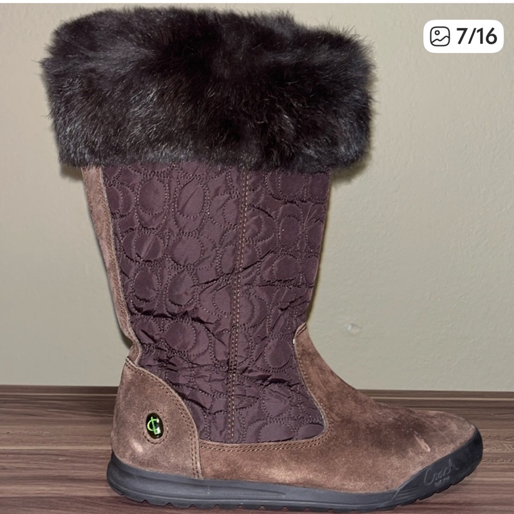 Coach Talen Brown monogram, rabbit Black Fur-Trimmed Boots - Picture 6 of 12